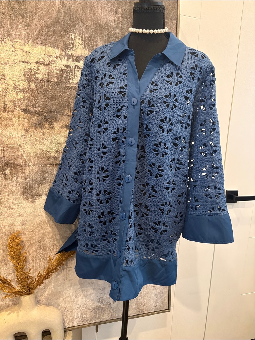 Dennis Basso QVC  Blue Crochet Button-Up Shell with Solid Trim